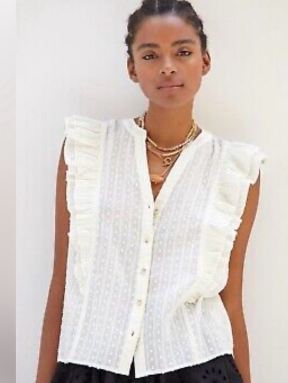 Anthropologie Pilcro Ruffled Sleeveless Top offwhite Sz L V neck button down